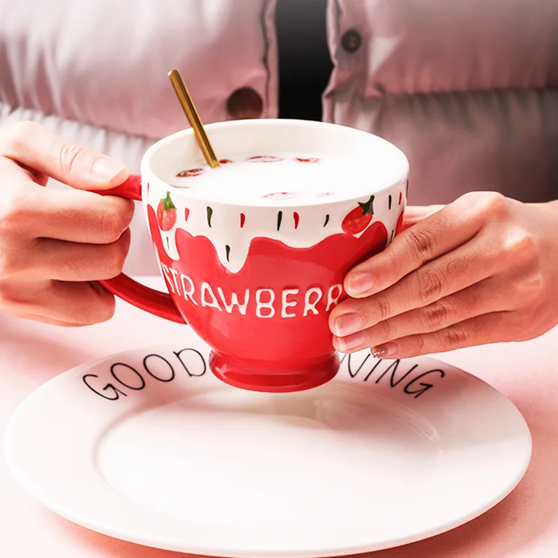 Чашка для овсяных хлопьев красная чашка завтрака Клубничная с крышкой ложка