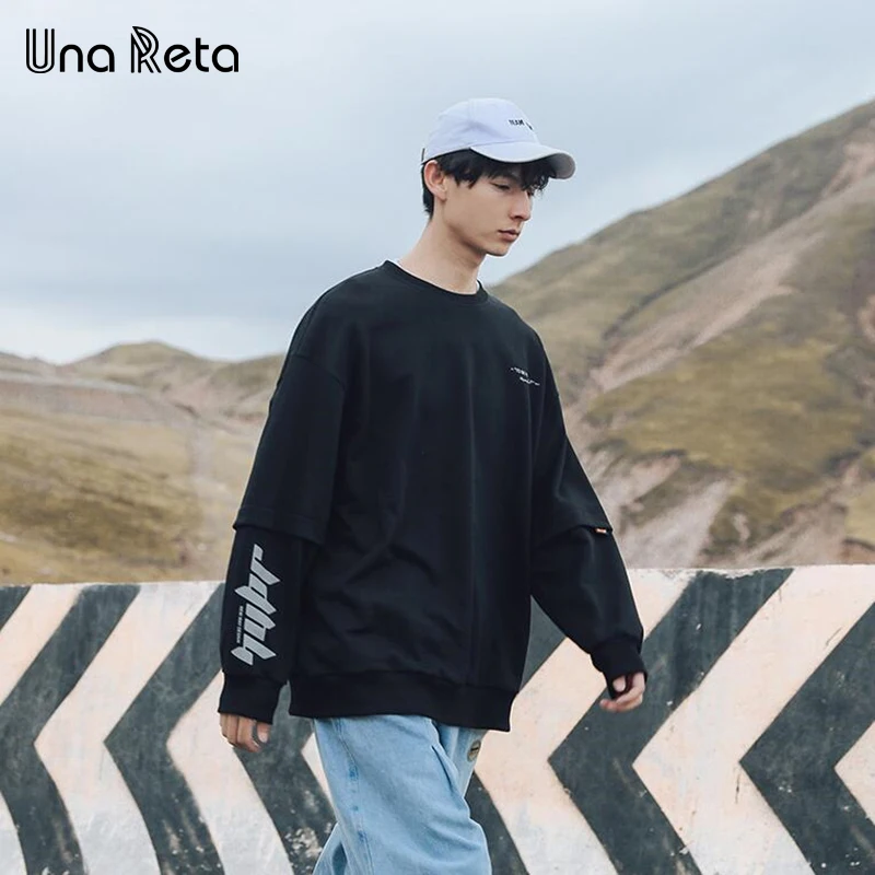 

UnaReta Sweatshirt Men Streetwear Autumn New Pullover Man Hip Hop Reflective letter printing Tops Loose Fake two Sweatshirts Men