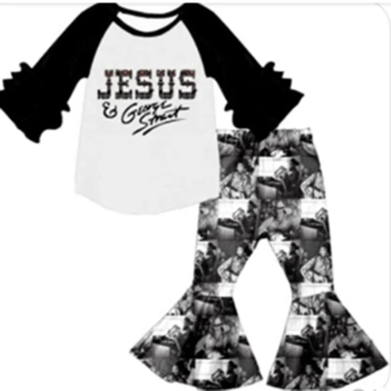 Изысканная детская одежда Реглан Топ с оборками и брюки-колокол Одежда для