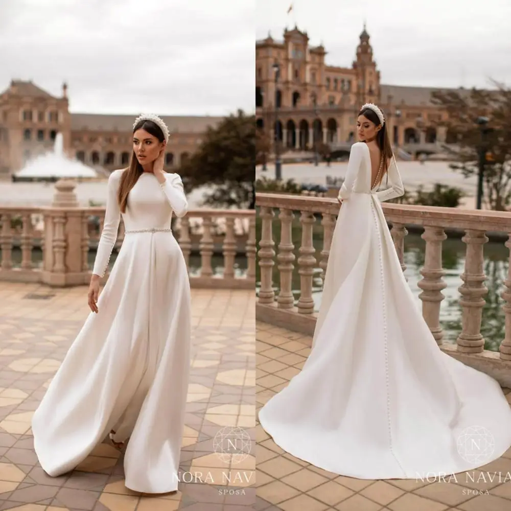 Fashion Wedding Dresses Custom Made Long Sleeves Button Back Bridal Gowns Lace Appliques Sweep Train Satin Wedding Dress