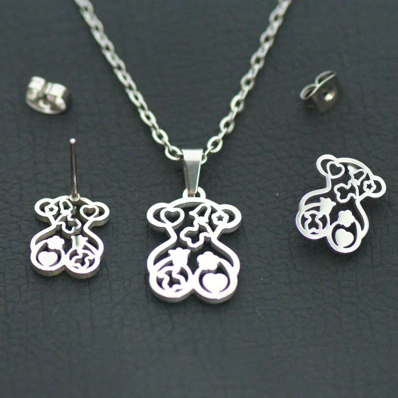 

Hollow Heart Flower Bear Set For Women Stud Earring Pendant Necklace Anniversary Fashion Jewelry