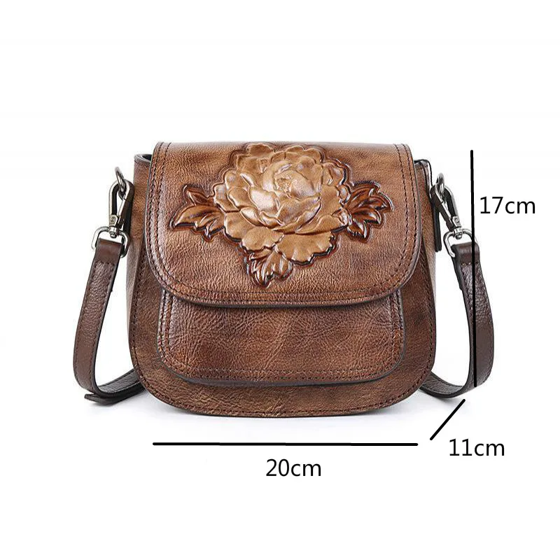 

Johnature Handmade Embossing First Layer Cow Leather Women Bag 2021 New Vintage Floral Ladies Mini Bags Shoulder Messenger Bag