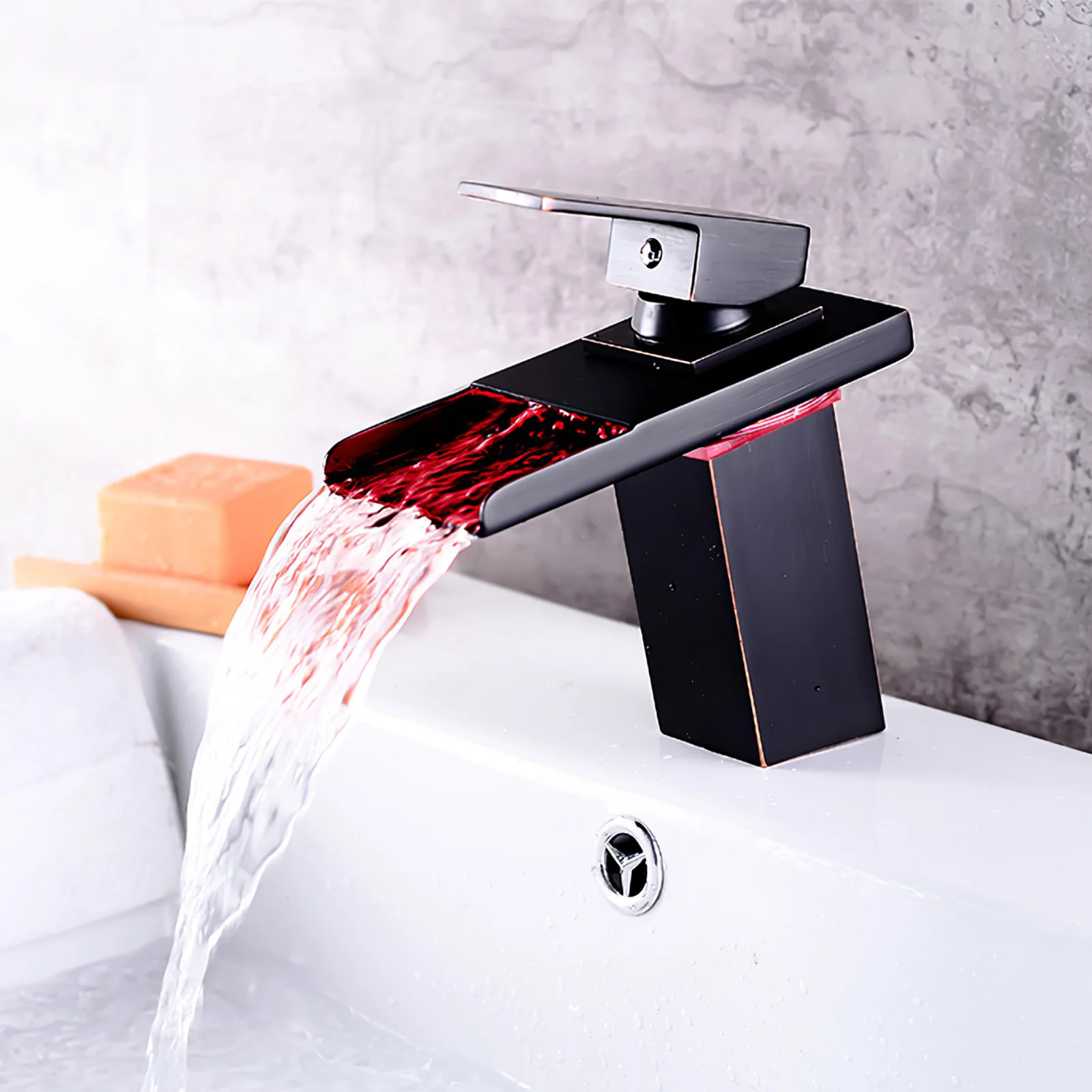 

Светодиодный смеситель для раковины, латунный кран «Водопад», меняет цвет от температуры, стеклянный, для ванной комнаты