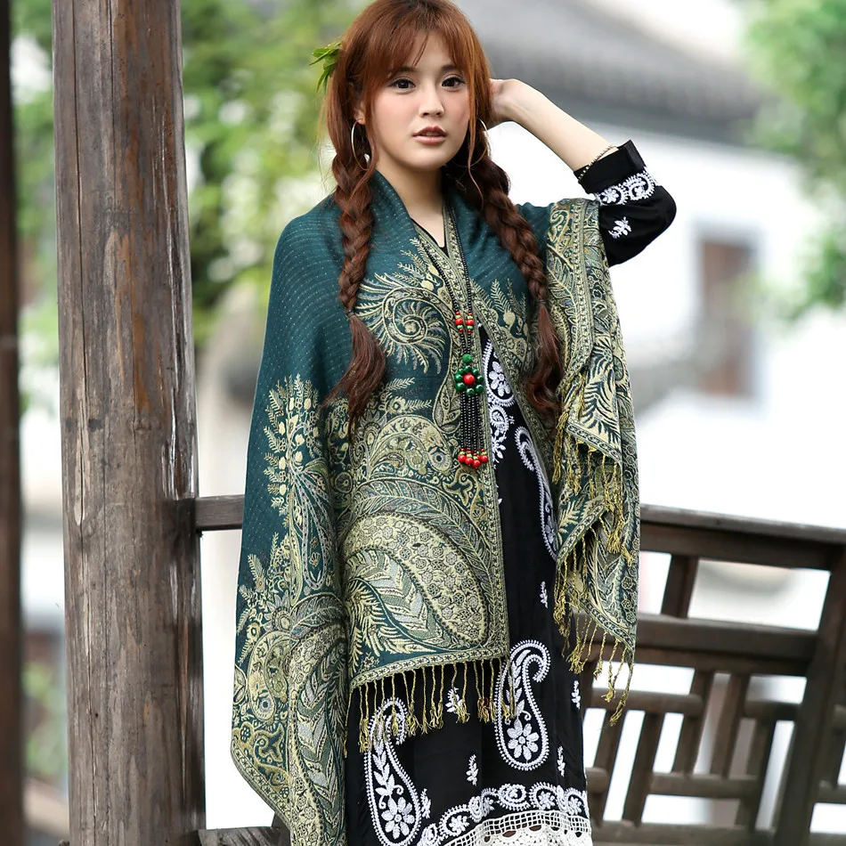 

70*190cm Oversize Women National Wind Long Scarf Shawl Ladies Jacquard Cotton Headscarf Retro Fringed Hijab Head Wraps