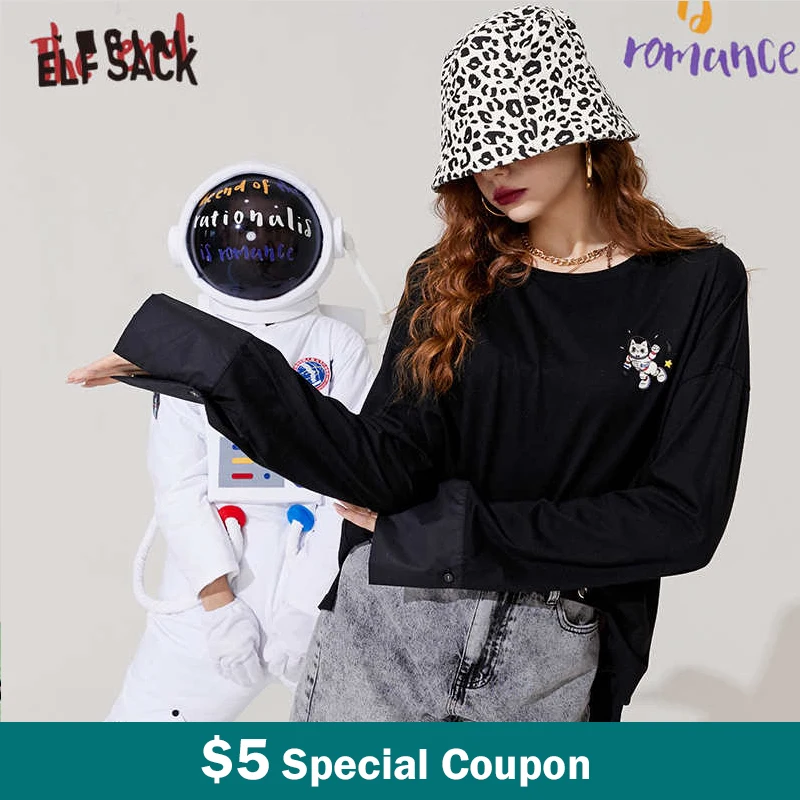 

ELFSACK Harajuku Повседневный пуловер с принтом из мультфильма, футболки для женщин, осень 2021, винтажные Женские повседневные крутые Топы с длинным...