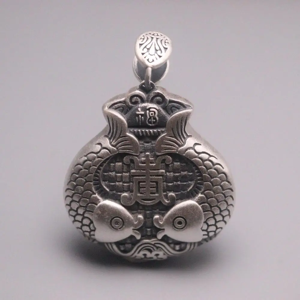 

Real Silver 999 Pendant Blessing For Women Man Lucky Hollow Double Fish Lock Pendant 42*32mm