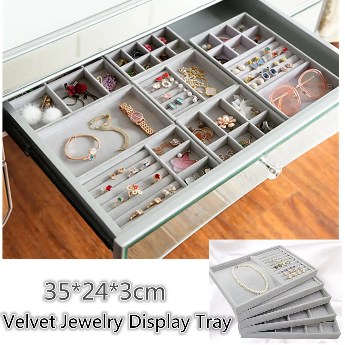 

Gray Velvet Jewelry Ring Display Organizer Case Tray Holder Necklace Earrings Bangle Storage Box Showcase Jewelry Stand Holder