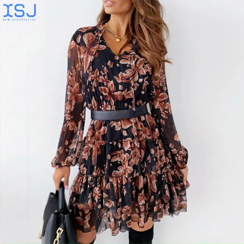 

Vintage Floral Print Women Summer Sexy Casualpink V-Neck Mini Skirt Ruffle Cake Dress Loose Thin Beach Party Dress