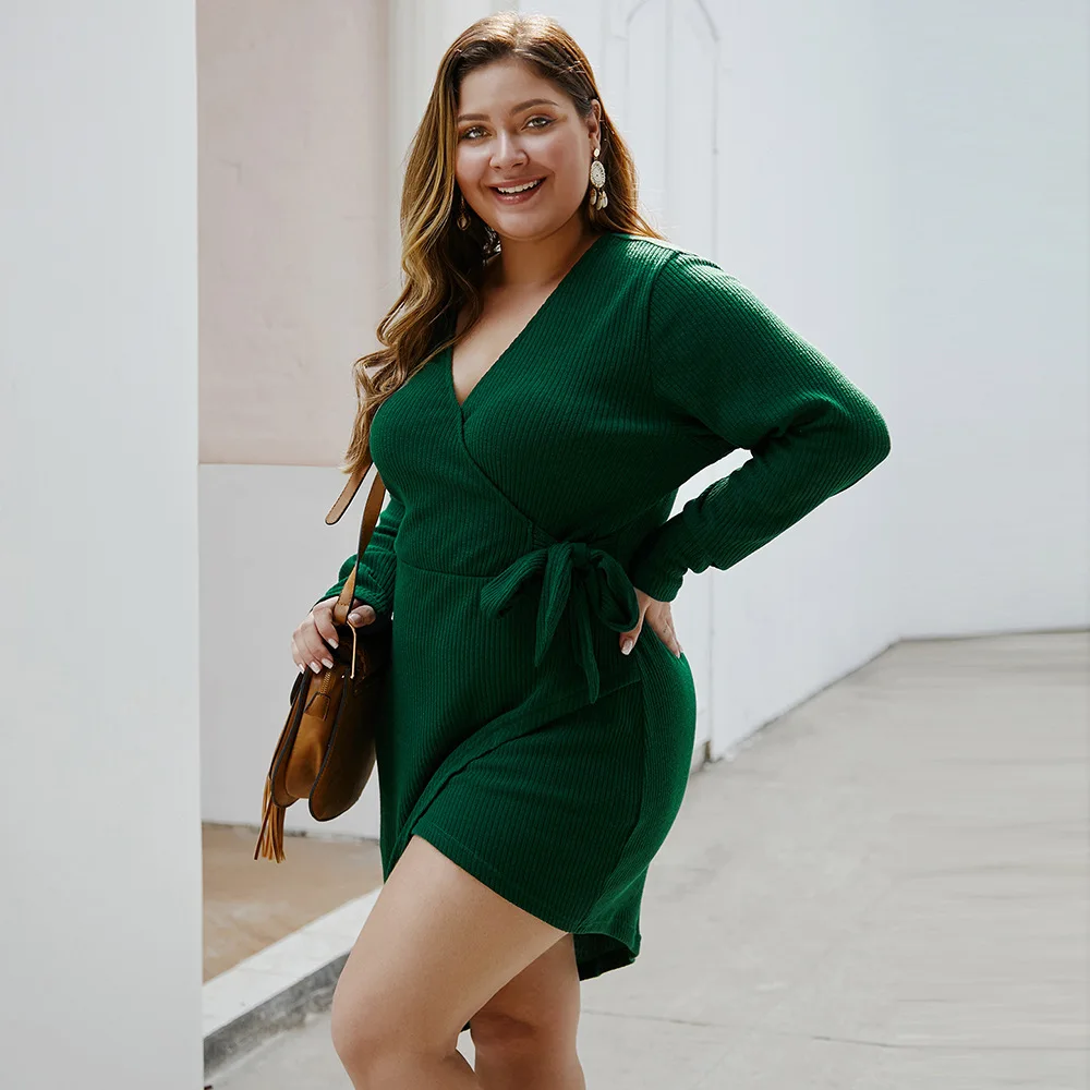 WHZHM зеленые вязаные вечерние платья женские зимние пояса с v-образным вырезом