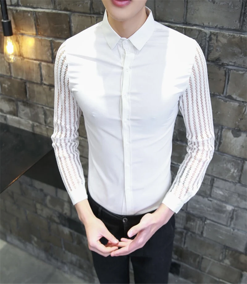 

New men's shirts pierced lace stitching long sleeve shirt men's high quality street casual slim dress tuxedo