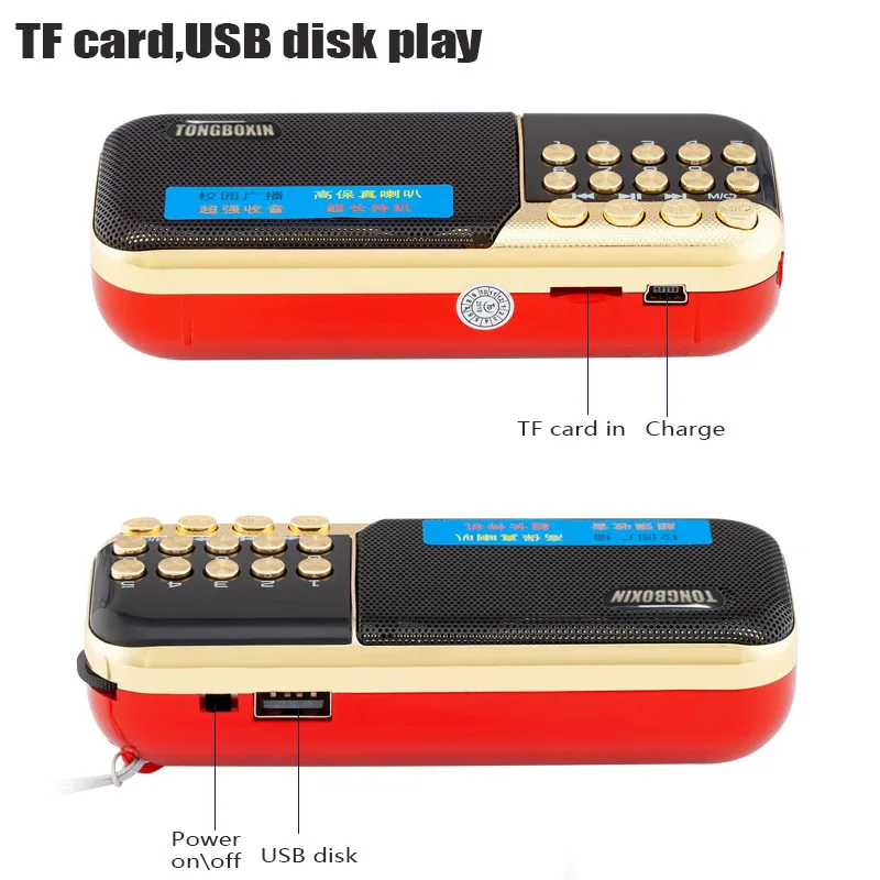 

With Clock Function FM 70~108MHz Mini Portable FM Radio Speaker TF USB MP3 Player 3.5mm Earphone Out 18650 Rechargeable Battery