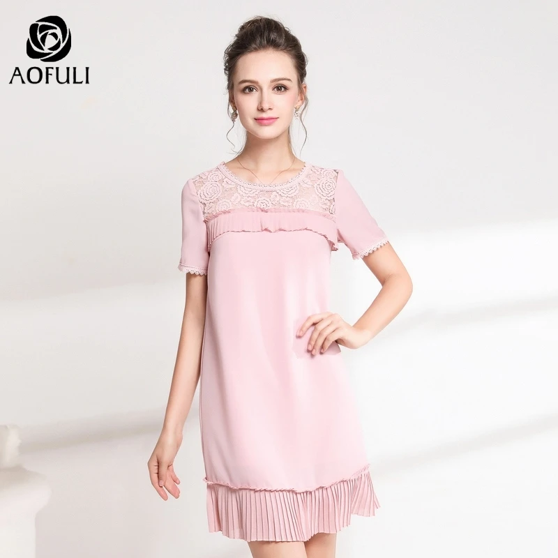 Женское кружевное платье AOFULI A3610 розовое Пестрое большого размера L ~ 4XL 5XL с