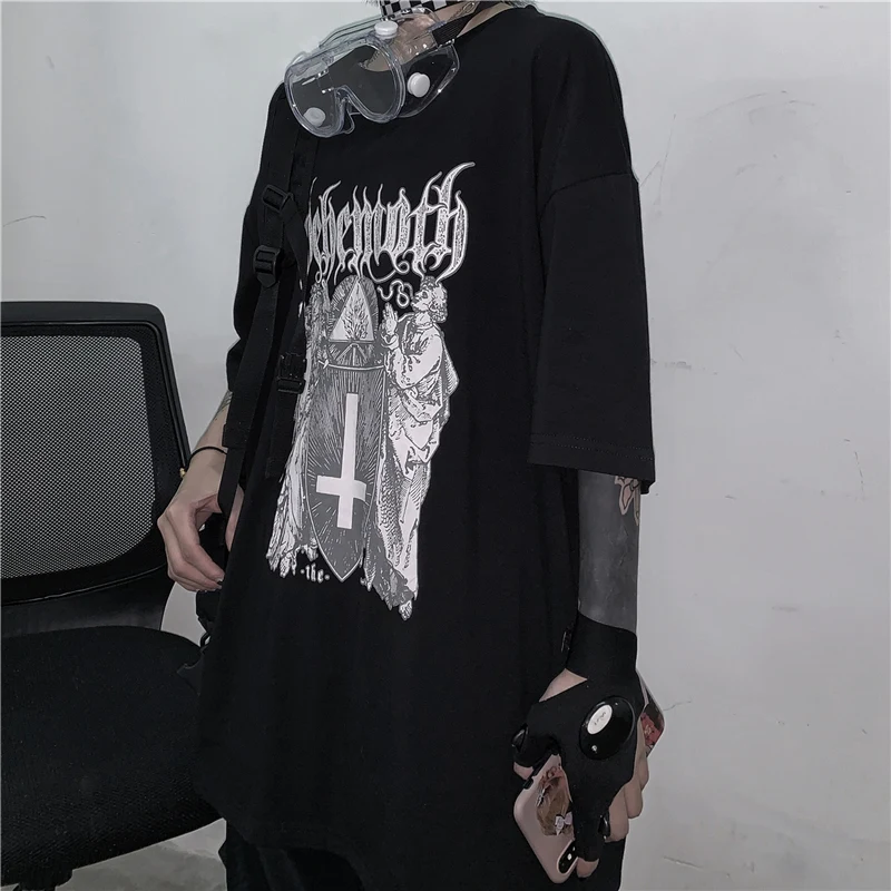 

Woman T-shirts Gothic Y2k Aesthetic Harajuku Tops Halloween Print Diablo Loose Short Sleeve Anime Hip Pop Graphic Top Black 2021