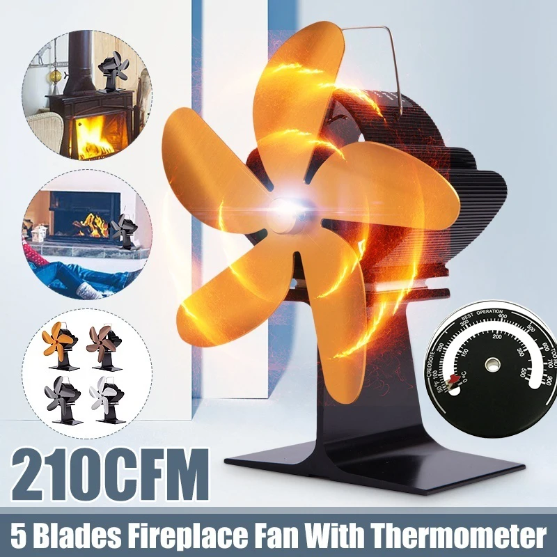 

5 Blades Thermal Power Fireplace Fan Efficient Heat Powered Distribution Stove Fans Wood Log Burner Eco Quiet With Thermometer