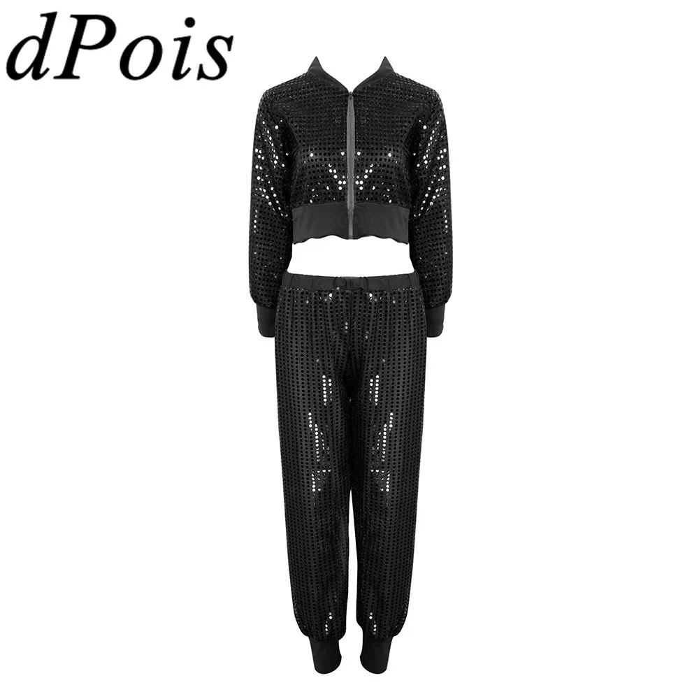 

Женский костюм для танцев с блестящими блестками, укороченный топ с v-образным вырезом и длинными рукавами и шаровары, современный костюм в ...