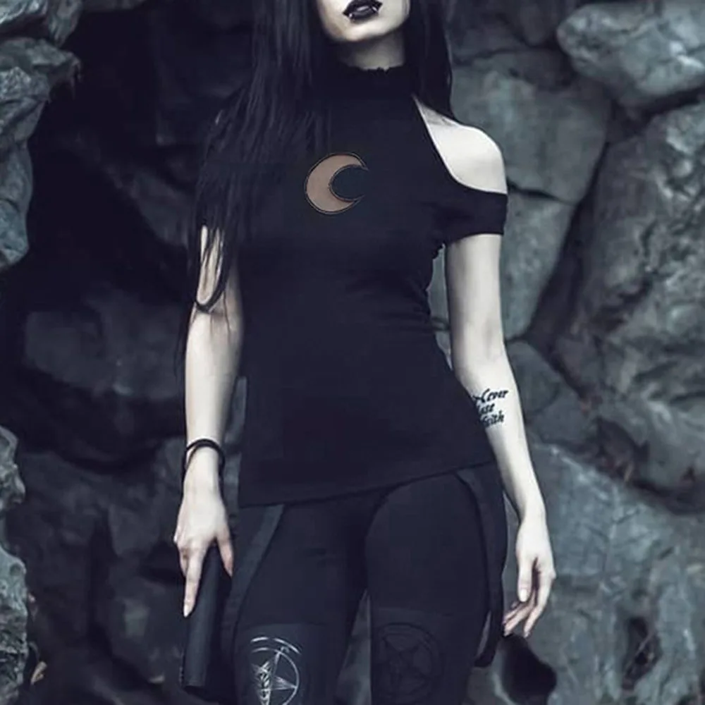 Off Shoulder Black Halter T-shirts Women Tops Gothic Punk Moon Hollow Out Bodycon Female Backless Cotton Sexy Tee | Женская одежда