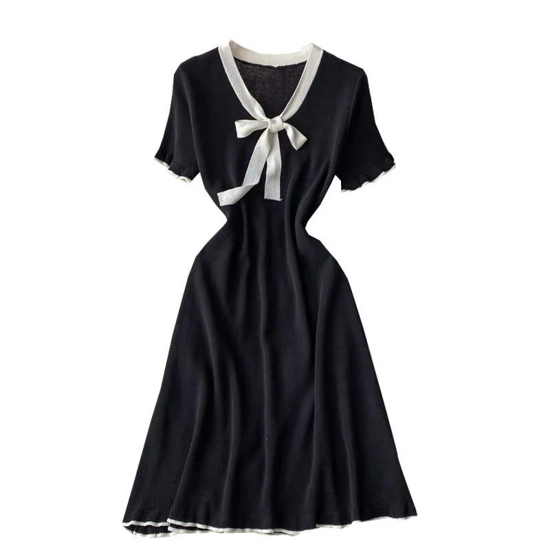 

2021 Summer Women's French V-neck Knitted Dress Thin Mid Long A-line Lolita Style White Bow Contrast Black Dress Girls Casual