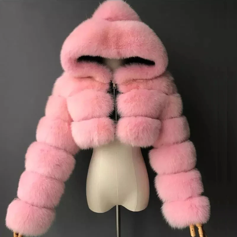 High Quality Furry Cropped Faux Fur Coats and Jackets Women Fluffy Top Coat With Hooded Winter Fur Jacket Manteau Femme