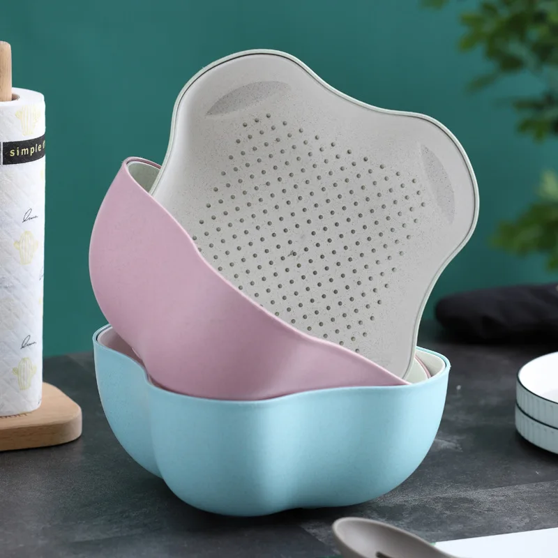 Double Drain Basket Bowl Washing Storage Strainers Bowls Drainer Vegetable Kitchen Colander Supplies | Дом и сад