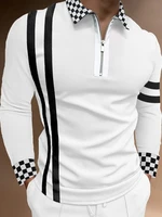 male casual zip up turn down collar polo shirts vintage casual mens slim polo shirt fashion patchwork striped long sleeve tops