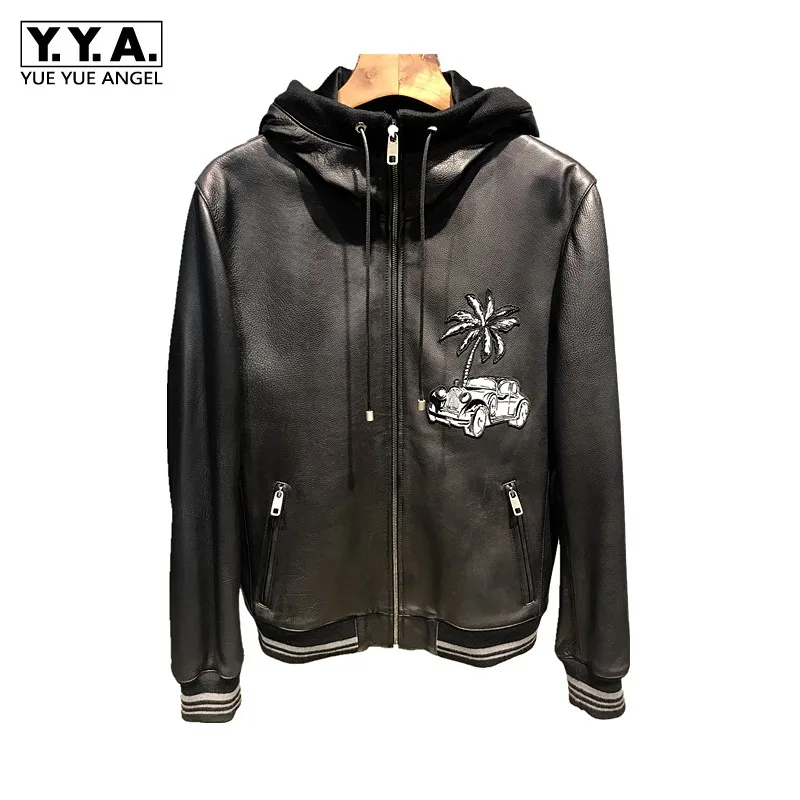 

High Quality Casual Mens Slim Genuine Leather Short Jackets Zippers Pockets Sheepskin O-Neck Embroidery Cowhide Hooded Coat