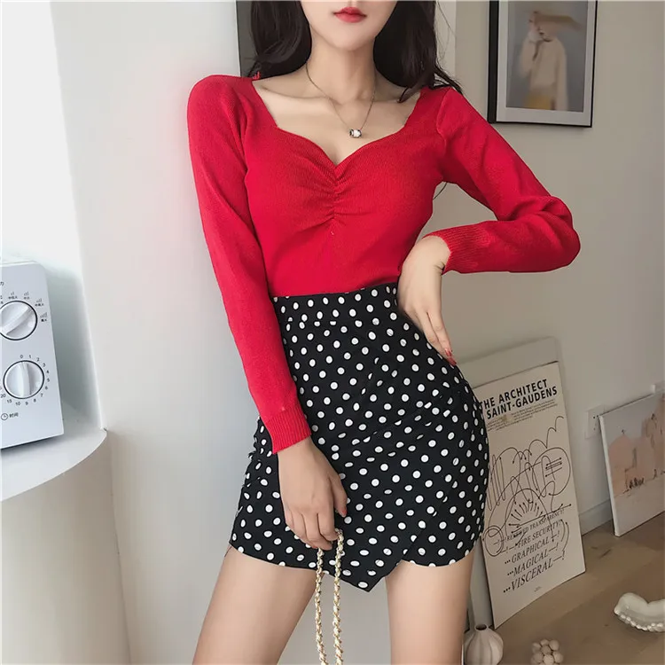2020 Women Autumn Knitted Sweater Solid Square Collar Female Cotton Soft Elastic Pullovers Full Sleeve Sexy Fashion Top | Женская одежда
