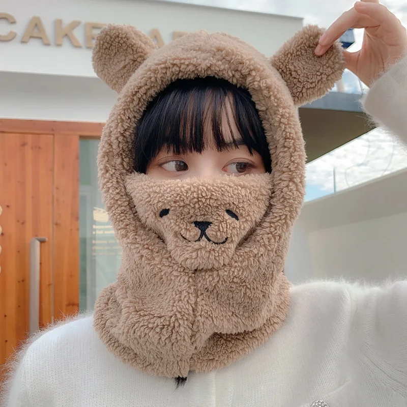 

Japanese Cute Cartoon Bear Ear Cap Hat Lamb Plush Cap Warm Thickened Ear Protection with Warm Mask for Women Girl