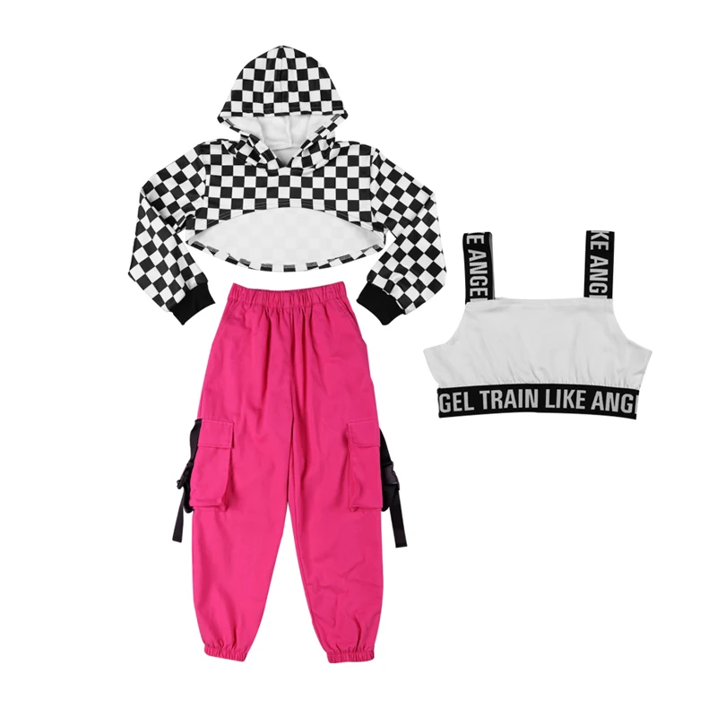 

Kids Jazz Costumes Children'S Day Catwalk Show Clothes Girls Plaid Tops Rose Red Pants Child Hip Hop Street Dance Outfit DQL3738