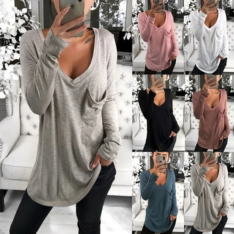 

Top Women's t-shirts spring and summer traf casual sexy V-neck top long sleeve harajukuv loose pocket long sleeve woman tshirts