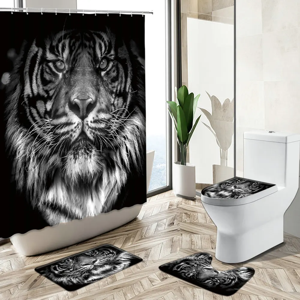 Prezzo Tenda Da Doccia Con Stampa Tigre Leone Animale Selvatico Sfondo Nero Design Decorazioni Per Il Bagno Tappeto Antiscivolo Coperchio Per Wc Set Tappetino Da Bagno