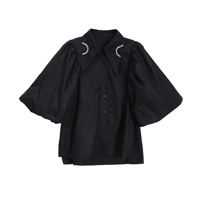 

SuperAen French Top Summer 2021 New Design Turn Down Collar Puff Sleeve Solid Casual Women Shirts