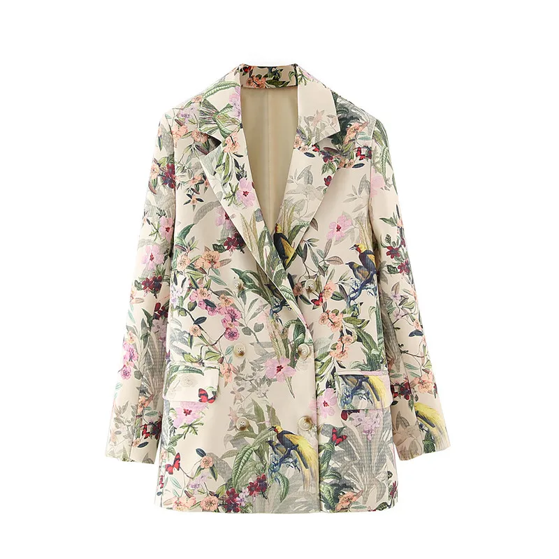 

Women's Floral Print Blazer Coat Vintage Double Breasted Long Sleeve 2021 French Fashion Female Chic Tops
