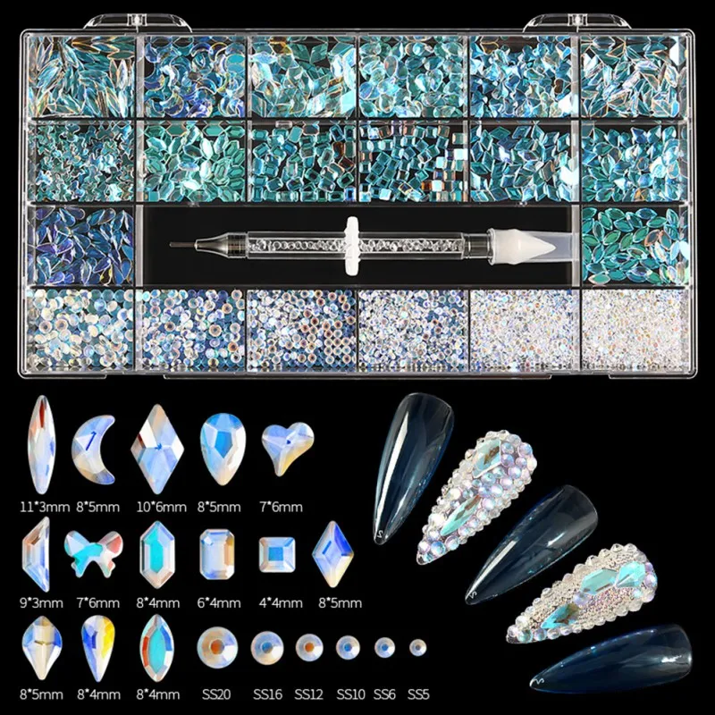 

21 Lattices Multi Shapes Crystal Nail Art Rhinestones Glass AB Diamantes Gems Back 3D Flat Back Stones Gems Decorations