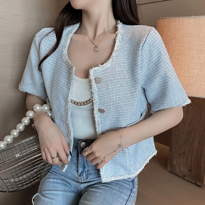 

Женский твидовый короткий жилет, элегантный подиумный Универсальный жакет в Корейском стиле с коротким рукавом, лето