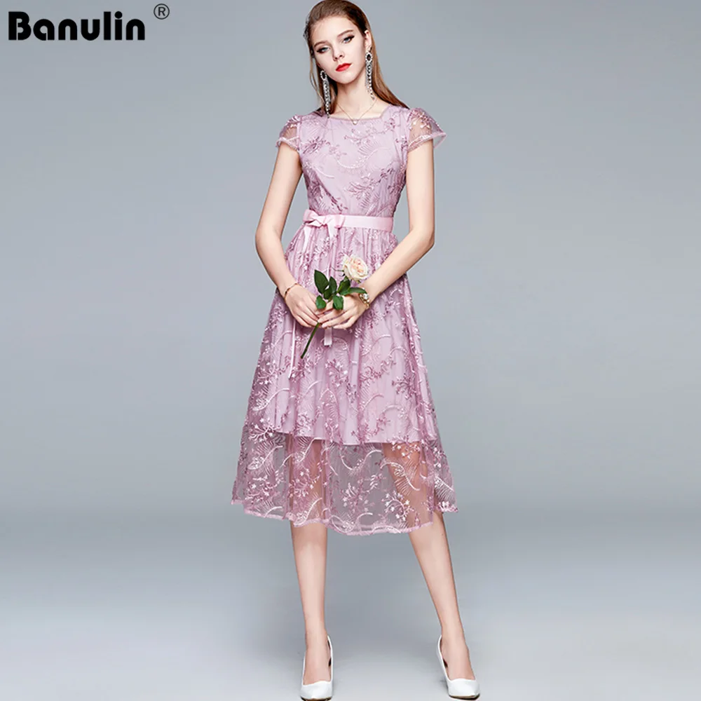 

2021 Summer Fashion Runway Elegant Party Dress Women Pink Lace Mesh Flowers Embroidery A Line Midi Dress with Belt N66924