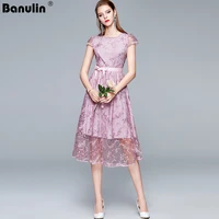 2021 summer fashion runway elegant party dress women pink lace mesh flowers embroidery a line midi dress with belt n66924