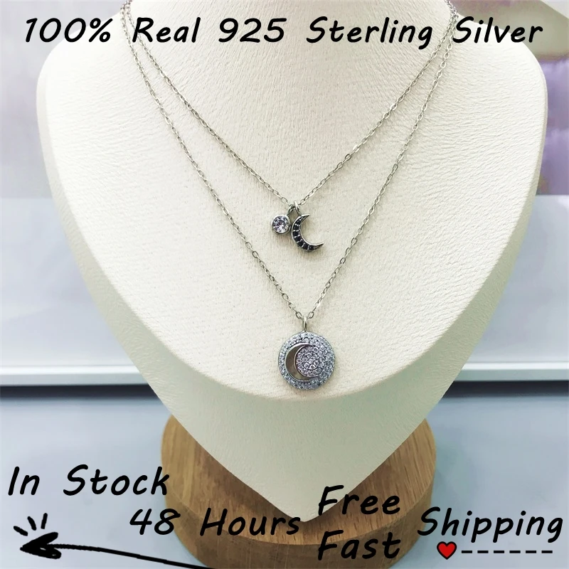 

2021 Collar Svarowski Plata De Ley 925 Original Necklace Silver S925 Moon Pendants High Quality Moissanite Layers Choker Chains