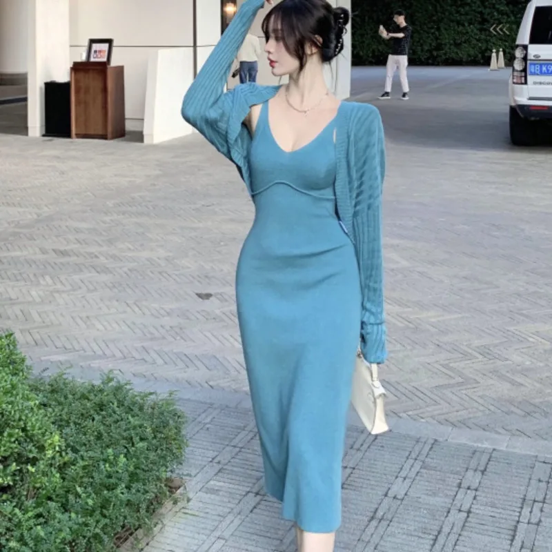 

Casual Knitted Suits Two Piece Sets Women Long Sleeve Cardigan Jacket + Sexy Bodycon Strap Dress Conjuntos De Vestido Autumn New