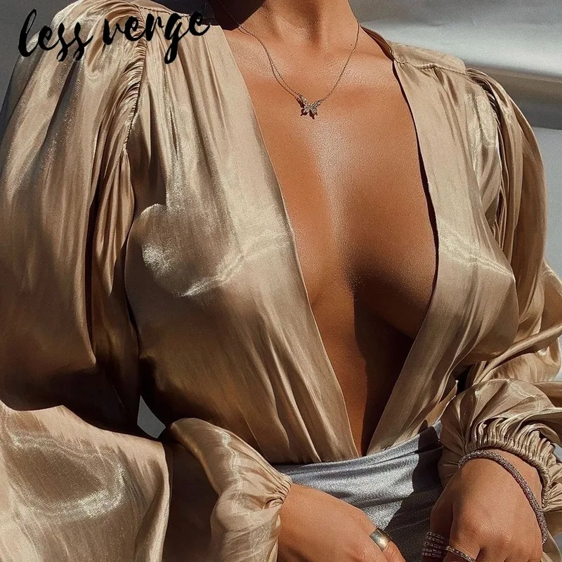 Lessverge v образный вырез сексуальная блестящая блузка рубашка женская фонарь рукав