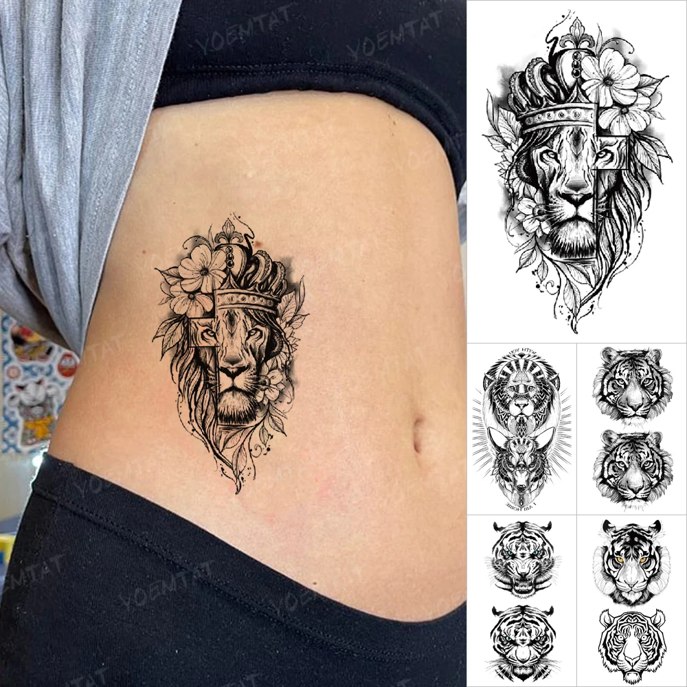 

Lion Temporary Tattoo Sticker Cross Flower Egyptian Tiger Black Tatoo Sexy Waist Hand Men Women Glitter Tattoos Kids Body Art