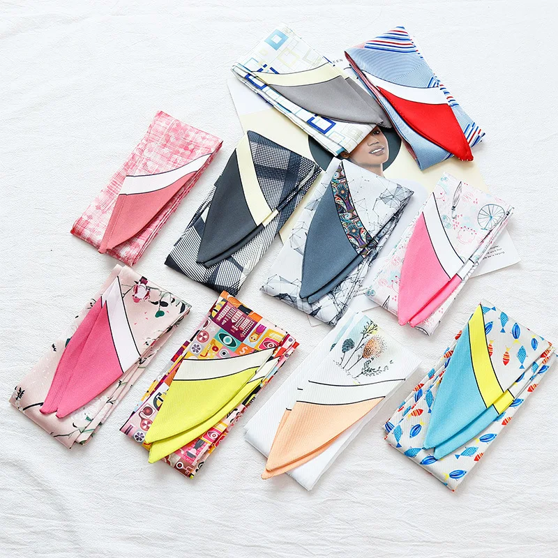 Многофункциональный маленький шарф с принтом узкий сумка ручкой шелковый лента