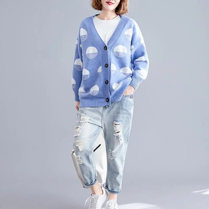 Blue cardigan Вязаный кардиган в горошек размера плюс, женский свитер на осень и зиму, Свитера с d размером, повседневные корейские свитера Sueter Mujer Invierno - Цвет: Blue cardigan