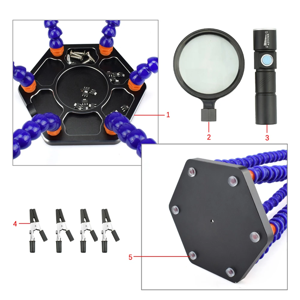 

6Pcs Aids Soldering Station LED Magnifying Glass Welding Third-Hand Tool Table Clamp Welding Station Flexible Arm 3X