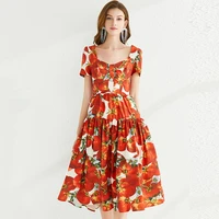 vintage summer women tomato flower print holiday dress runway fashion square collar red sexy backless bow ball gown midi dress
