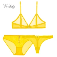 varsbaby light yellow soft mesh sexy lingerie 3 pcs deep v brapantiesthongs lace wire free transparent underwear
