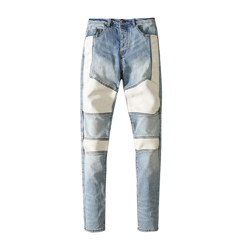 

High Street Leather Patches Jeans Men Hip Hop Motorcycle Whiter Patchwork Denim Trousers Washed Streetwear Pencil Pants