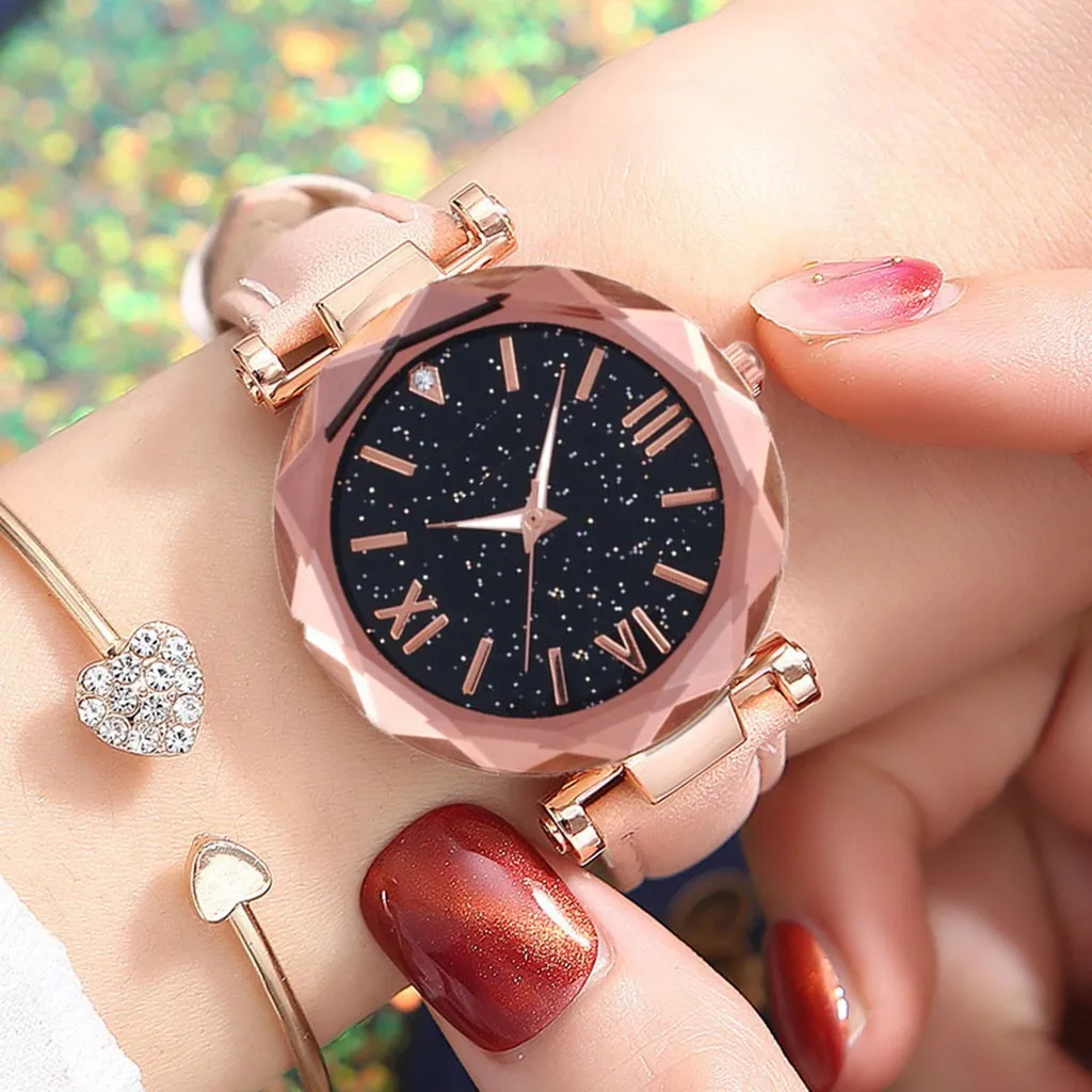 

Fashion Roman Scale Watch Women's Quartz Diamond Wristwatch Stars Little Point Frosted Belt Watch Men And Women Casual Watch