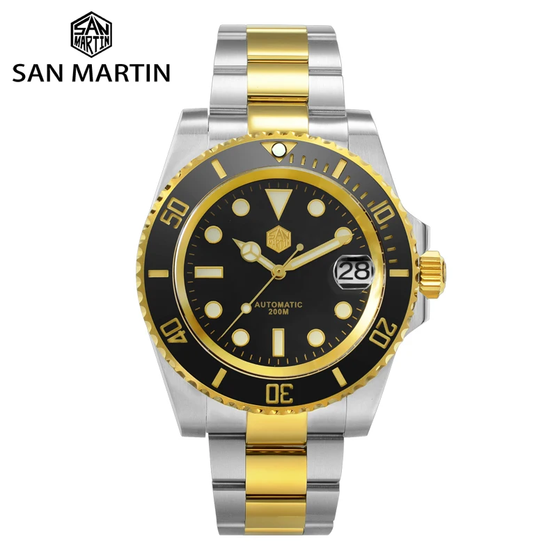 

San Martin Luxury Men's Diver Watch Sapphire NH35 Automatic Movement Gold PVD Plated Bracelet Ceramic Bezel 200m Water Resistant