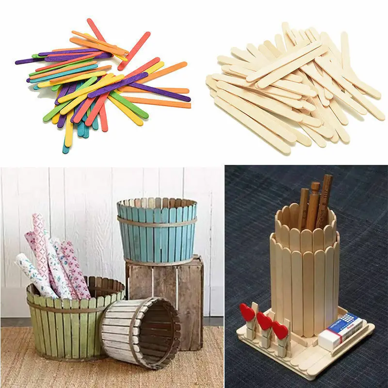 

50/100/200 pcs Lot Colored Wooden Popsicle Sticks Natural Wood Ice Cream Sticks Kids DIY Hand Crafts Art Ice Cream Lolly Cake A