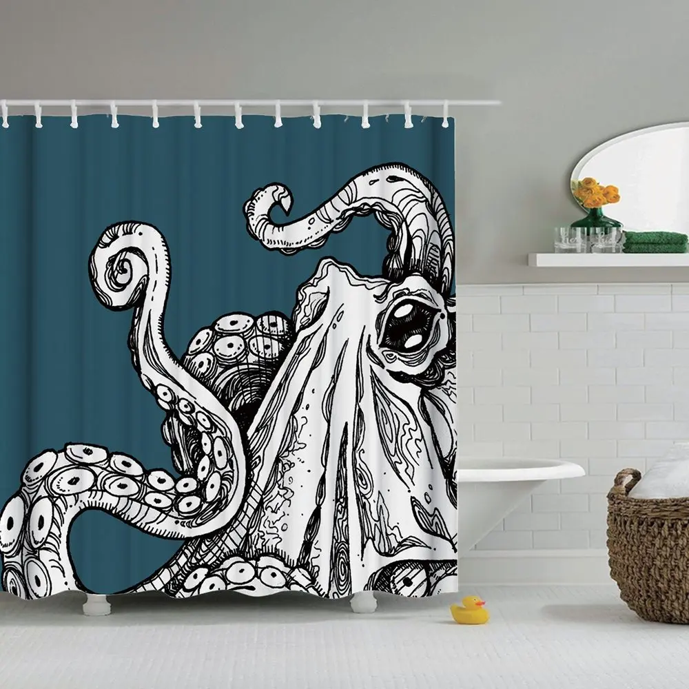 Декоративная душевая занавеска Dafield в виде осьминога с парусом лодкой волнами и